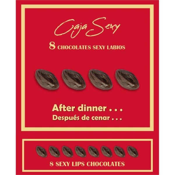Caja de 8 labios de chocolate negro con un sabor extraordinario que apasionará incluso a los paladares más exigentes. Combina tu pasión por el chocolate y el erotismo. Caja roja sexy – 8 labios de chocolate negro - Imagen 1