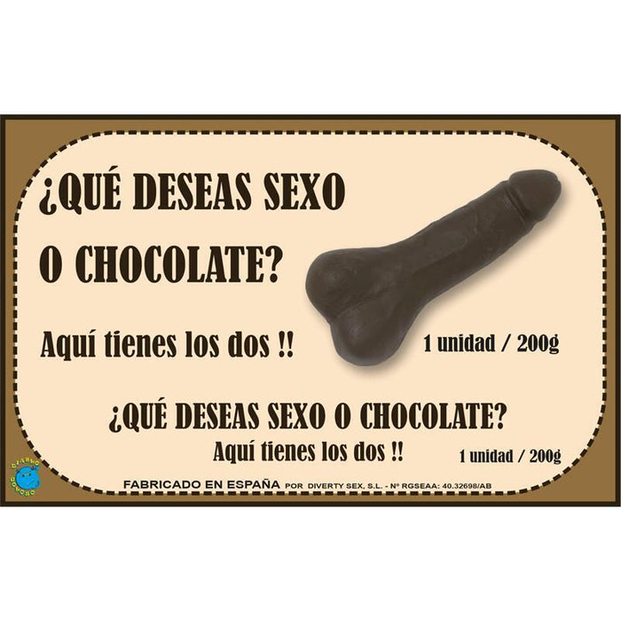 Chocolate puro con forma de pene 200 gramos XXL (bocados afrodisiacos) con frases divertidas. El chocolate es Chocolatina chocolate puro forma de pene (200 g) - Imagen 1