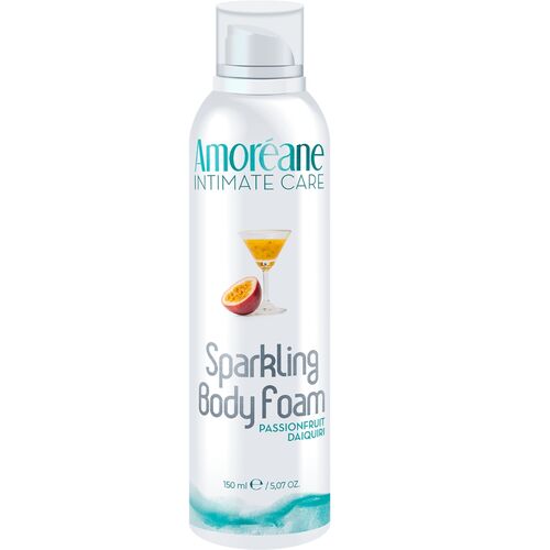 Sparkling Passionfruit Daquiri es una espuma de masaje hidratante con efecto crujiente y un aroma seductor. Al entrar en contacto con la piel Amoreane Sparkling Daiquiri Maracuyá – Espuma corporal masajeadora (150 ml) - Imagen 1