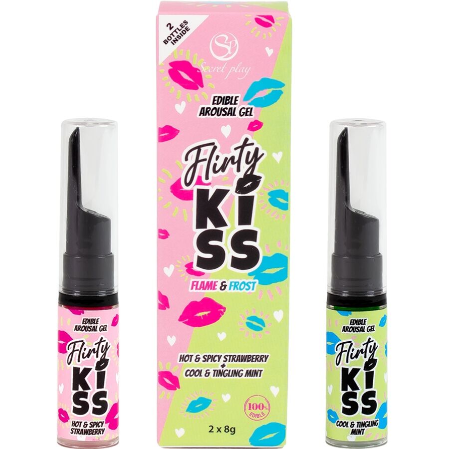 Flirty Kiss está compuesto por 2 geles: 1 gel de fresa con efecto calor picante y 1 gel de menta con frío vibrante. Secret Play Flirty Kiss – Geles de sexo oral fresa y menta (2 x 8 g) - Imagen 1