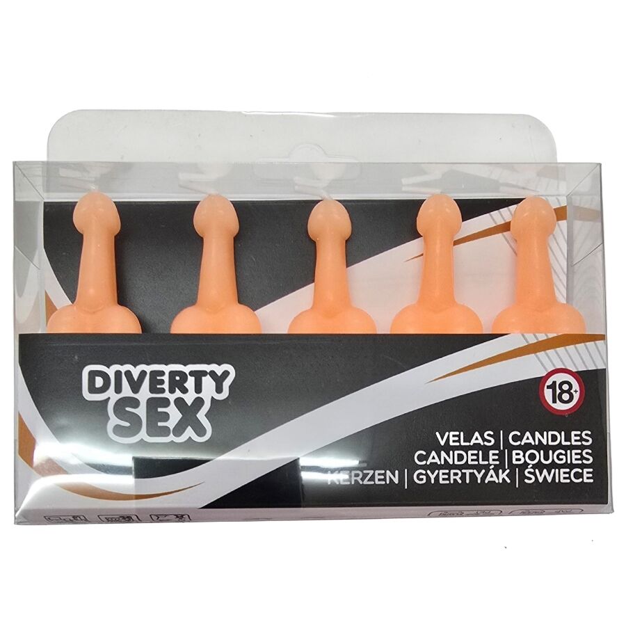 contiene 5 velas en forma de pene CAJA 5 VELAS FORMA PENE CARNE - Imagen 1