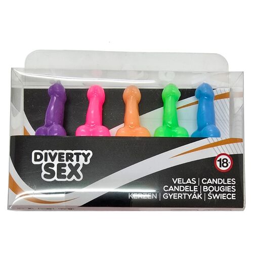 Añade un toque atrevido y divertido a tu celebración con esta caja de 5 velas en forma de pene CAJA 5 VELAS FORMA PENE DIFERENTES COLORES - Imagen 1